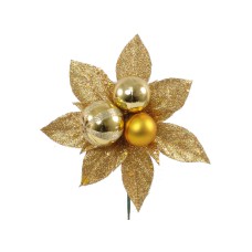 Gold Wreath Pick with 13 Red Glittered Bay Leaves and 3 Red Balls of Various Sizes. (Lot of 12 Picks) SALE ITEM